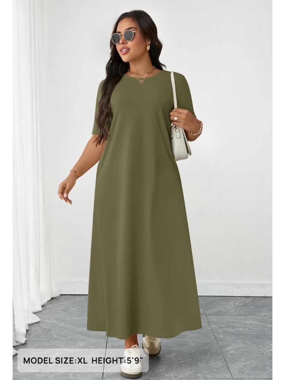 Women's Green Summer Casual Maxi Dress Vacation Crew Neck Short Sleeve Dress - Picture 2 of 6